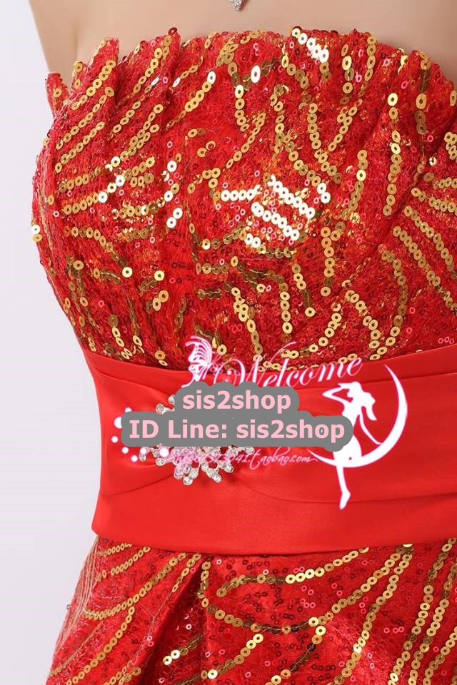 พร้อมเช่า ชุดราตรียาว สีแดง เนื้อผ้าปักเลื่อมสวย แต่งคริสตัลและโบว์ที่เอว