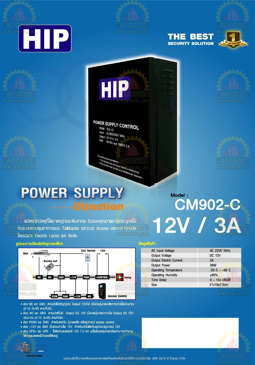 Power Supply 12Vdc 3A. ยี่ห้อ HIP รุ่น 902-3C
