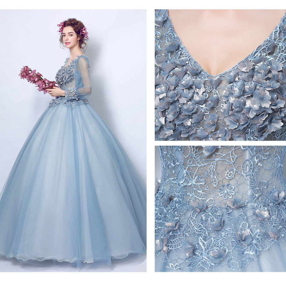 Pre-order ชุดแฟนซี ชุดเจ้าสาว ชุดราตรียาว สีฟ้า แขนยาว คอวี แต่งดอกไม้ช่วงบน ซีทรู กระโปรงตาข่าย เชือกผูกหลัง