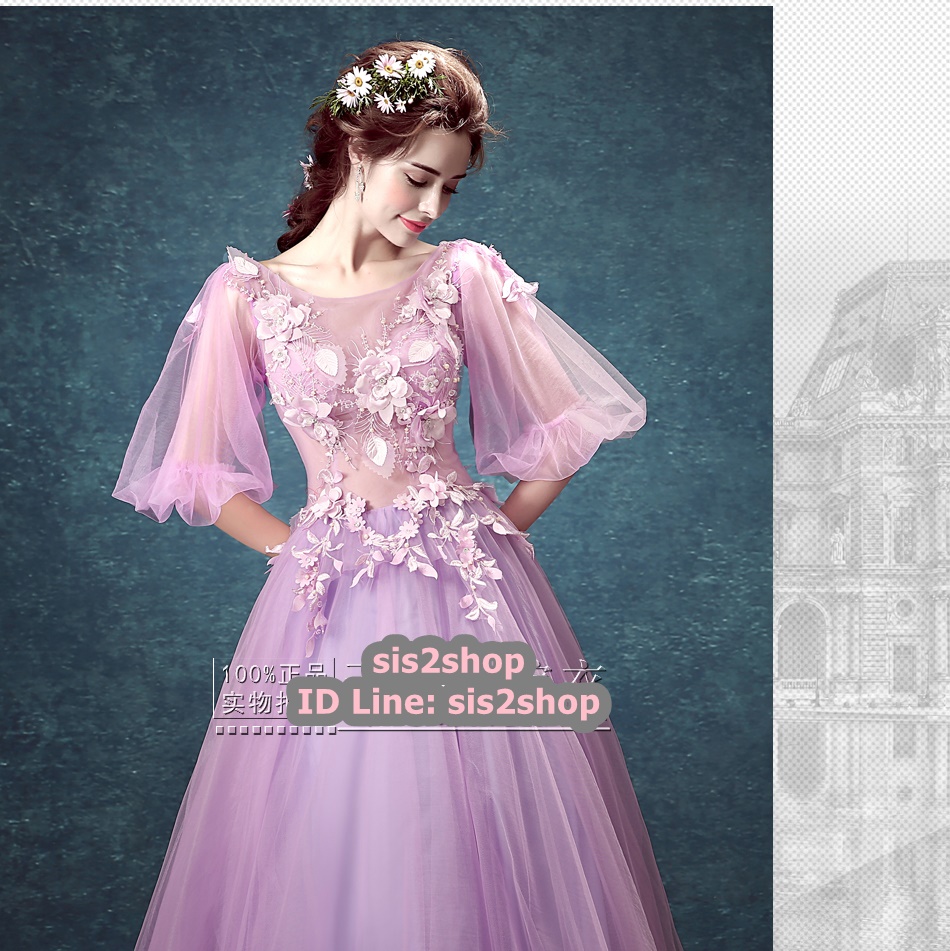 พร้อมเช่า ชุดแฟนซียาว แบบแขนยาว จั๊มปลายแขนน่ารักมาก เนื้อผ้าเป็นตาข่ายแบบซีทรู แต่งดอกและลูกปัด สีม่วง (ซิปหลัง)