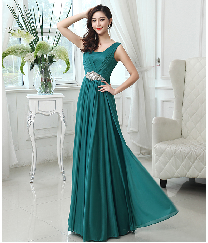 Pre-order ชุดราตรียาว แขนกุด จับจีบ ผ้าชีฟอง แต่งเพชรที่เอว ซิปหลัง