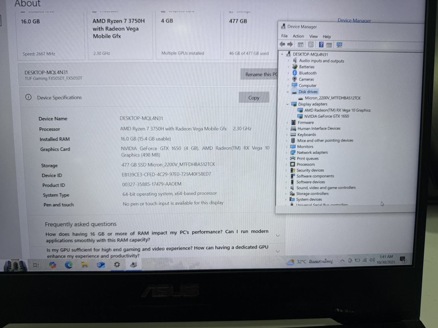 Notebook Asus TUF Gaming FX505DT(Ryzen7 3750H/16GB/M.2 512GB/GTX1650 4GB)+Adapter จอ Bright บานพับแตก Keyborad ลอก ลำโพงแตก แบต 48% พัดลมดัง