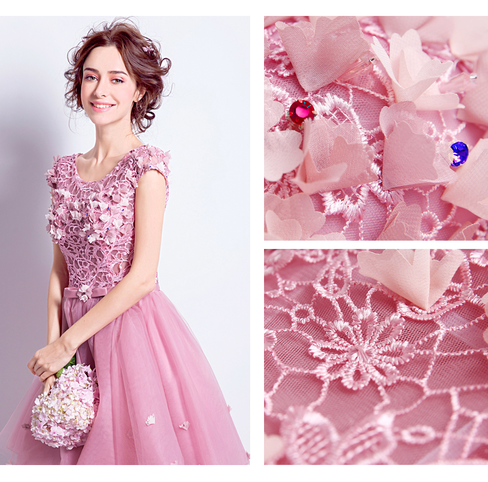 Pre-order ชุดแฟนซี ชุดเจ้าสาว ชุดราตรี สีชมพู แขนกุด ผ้าลูกไม้ แต่งดอกไม้ช่วงบน เชือกผูกหลัง