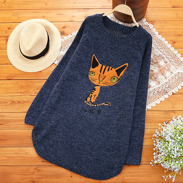 เสื้อไหมพรมกึ่งวูลหนานุ่ม ปักลายแมวน่ารัก (12355LM)