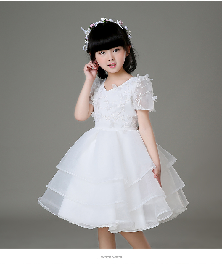 Pre-order ชุดราตรีเด็ก ชุดออกงาน ชุดกระโปรง สไตล์เจ้าหญิง แขนสั้น คอวี ผ้าลูกไม้ช่วงอก กระโปรงผ้าแก้ว เป็นชั้น ๆ มีซิปหลัง