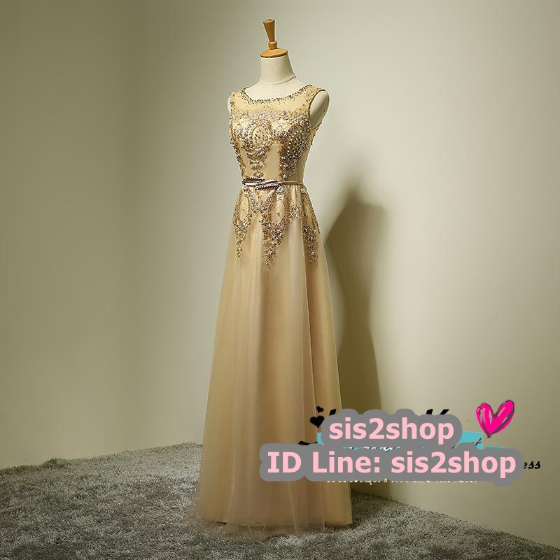พร้อมส่ง ชุดราตรียาว แขนกุด สีทอง แต่งเกล็ดสีทอง พร้อมมุก ระยิบระยับ เนื้อผ้าตาข่าย มาพร้อมเข็มขัดรูปใบไม้สีทองเข้าชุด (ซิปหลัง)