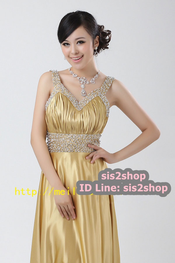 พร้อมส่ง ชุดราตรียาว สายเดี่ยว ผ้าซาติน สีทอง อกจับจีบตีเกล็ด ปักเลื่อมหรู