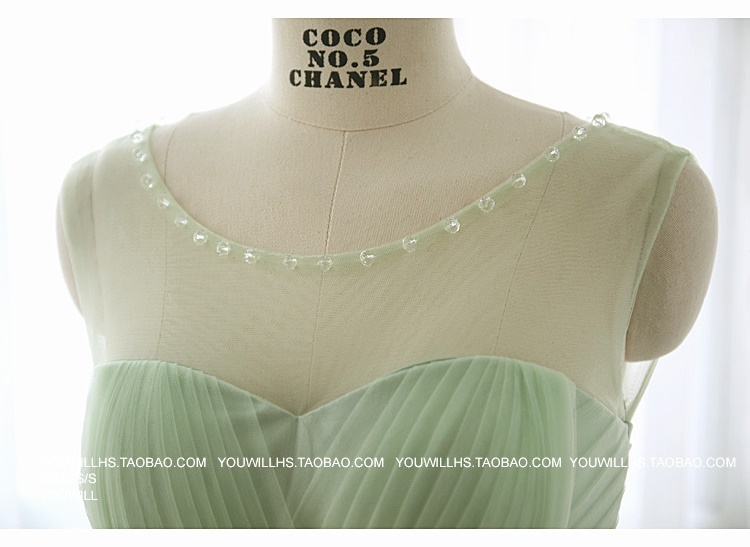 Pre-order ชุดราตรีสั้น แขนกุด คอกลม ผ้าตาข่าย ปัดลูกปัดรอบคอ แต่งเพชรที่เอว จับจีบช่วงอก สีฟ้า สีเขียวอ่อน