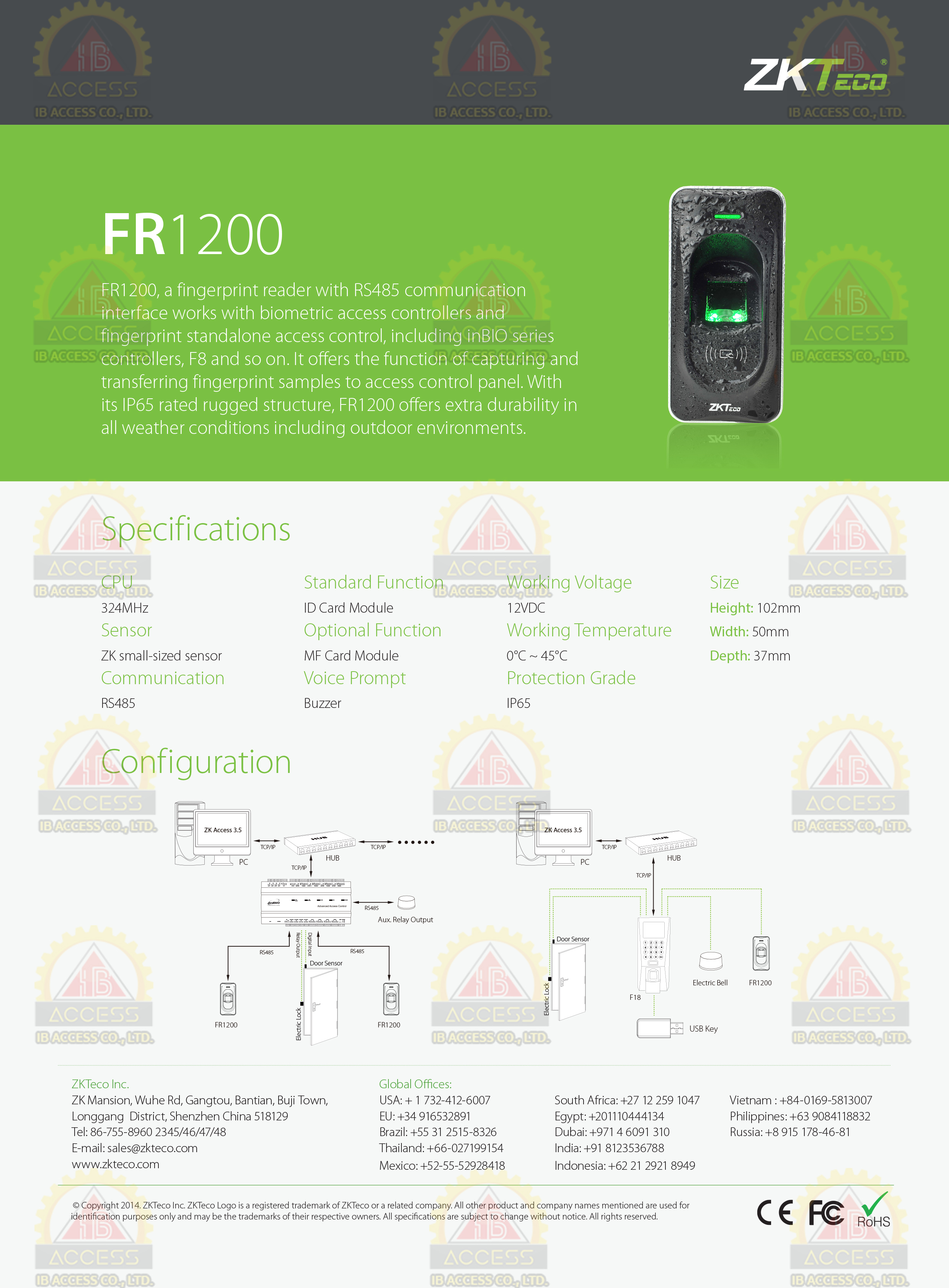 หัวอ่านสแกนลายนิ้วมือ ยี่ห้อ ZKTeco รุ่น FR1200/Mifare รองรับระบบ Access Control