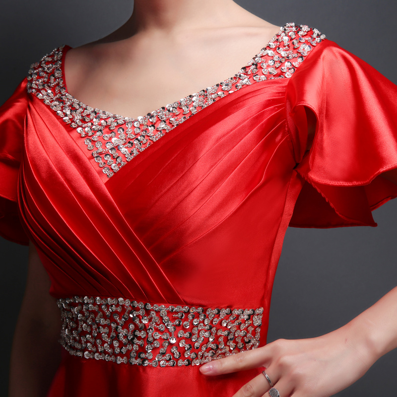 พร้อมส่ง ชุดราตรียาว แบบแขนสั้น ผ้าซาตินสวยสง่า อกจับจีบปักเลื่อมช่วงอก-เอว สีฟ้า (เชือกผูกหลัง)