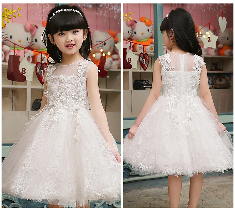 Pre-order ชุดราตรีเด็ก ชุดออกงาน ชุดกระโปรงสไตล์เจ้าหญิง แขนกุด ผ้าลูกไม้ช่วงอก กระโปรงตาข่าย มีซิป