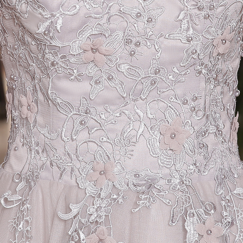 Pre-order ชุดราตรียาว เกาะอก ซีทรู แต่งลูกไม้ ปักมุก กระโปรงตาข่าย เชือกผูกหลัง