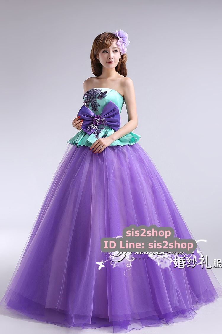 พร้อมเช่า ชุดแฟนซี ชุดราตรียาว Two tone สีม่วง เขียวมิ้นต์ เกาะอก แต่งโบว์ช่วงเอว แต่งลูกไม้ กระโปรงพองสวย สไตล์เจ้าหญิง
