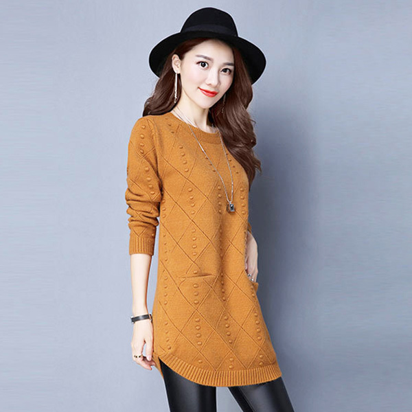 เสื้อไหมพรมแขนยาวถักลาย แต่งกระเป๋าคู่ (12056B)