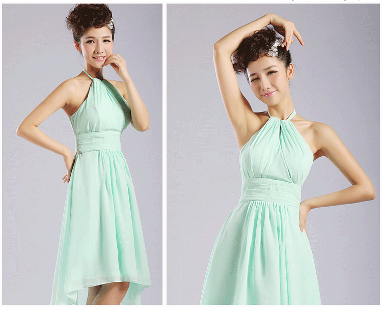 พร้อมส่ง ชุดราตรีสั้น ชุดเพื่อนเจ้าสาว สีเขียวอ่อน แบบคล้องคอ หน้าสั้นหลังยาว