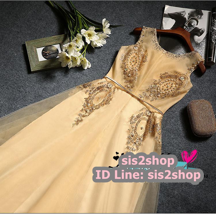 พร้อมส่ง ชุดราตรียาว แขนกุด สีทอง แต่งเกล็ดสีทอง พร้อมมุก ระยิบระยับ เนื้อผ้าตาข่าย มาพร้อมเข็มขัดรูปใบไม้สีทองเข้าชุด (ซิปหลัง)