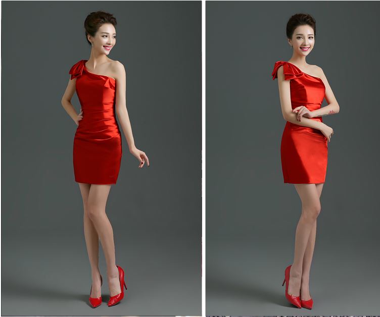 พร้อมส่ง ชุดราตรี สีแดง บ่าเฉียง ทรงเข้ารูป ผ้าซาติน แต่งโบว์ที่ไหล่ (ซิปข้าง)