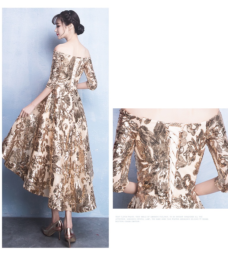 Pre-order ชุดราตรีหน้าสั้นหลังยาวสีทองปักเลื่อมลายดอกไม้ ไหล่ปาดแขนยาว เชือกผูกหลัง