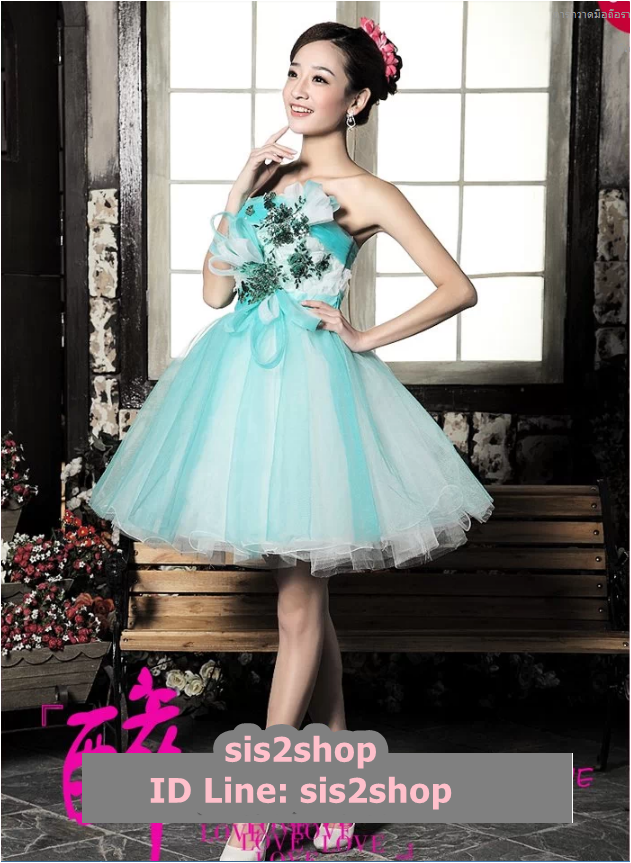 พร้อมเช่า ชุดแฟนซี ชุดราตรีสั้น สีฟ้า เกาะอก แต่งดอกไม้ช่วงอก กระโปรงพองสวย