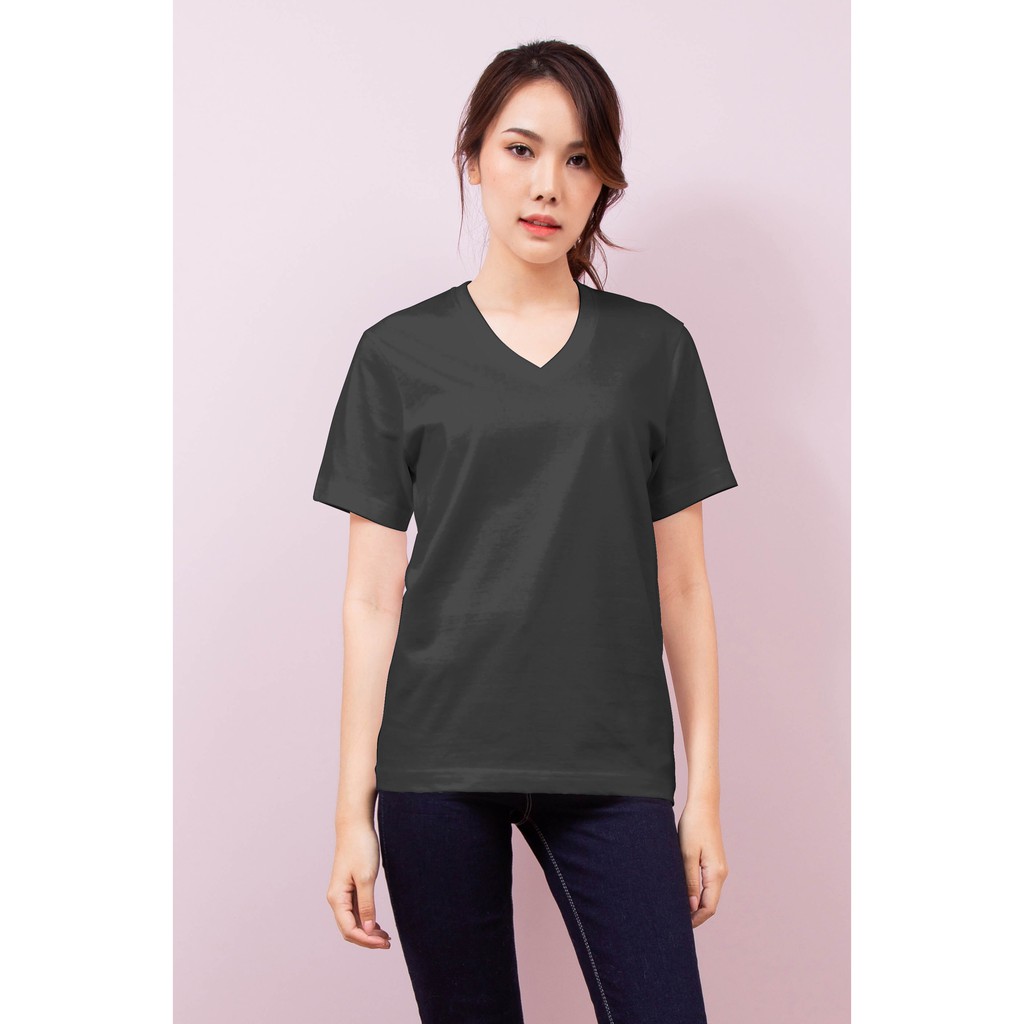 เสื้อยืด OV102 คอวี ผ้าCotton100% 32 เนื้อนุ่ม ใส่สบาย สีเทาเข้ม