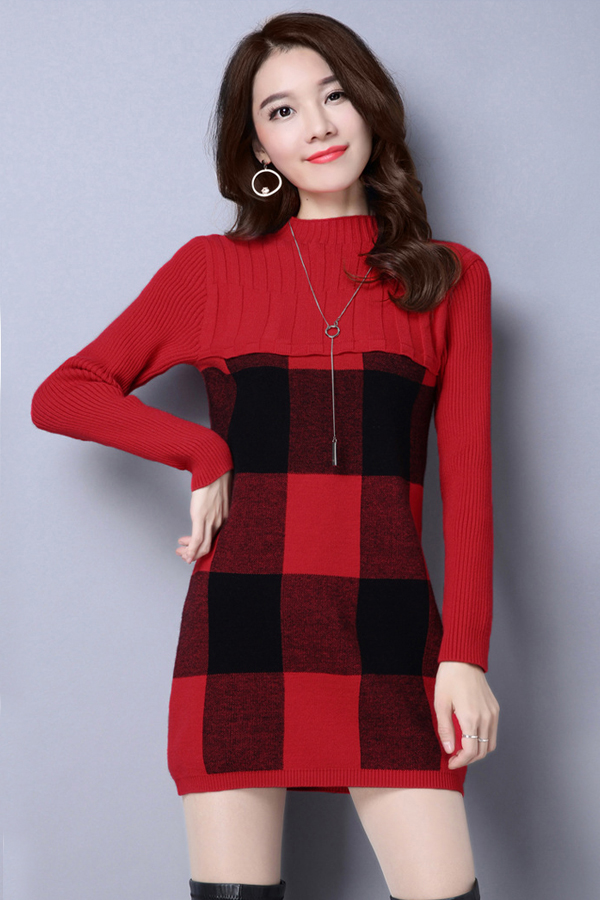 เดรสไหมพรมคอเต่า แขนยาว ถักลายตาราง (12219B)