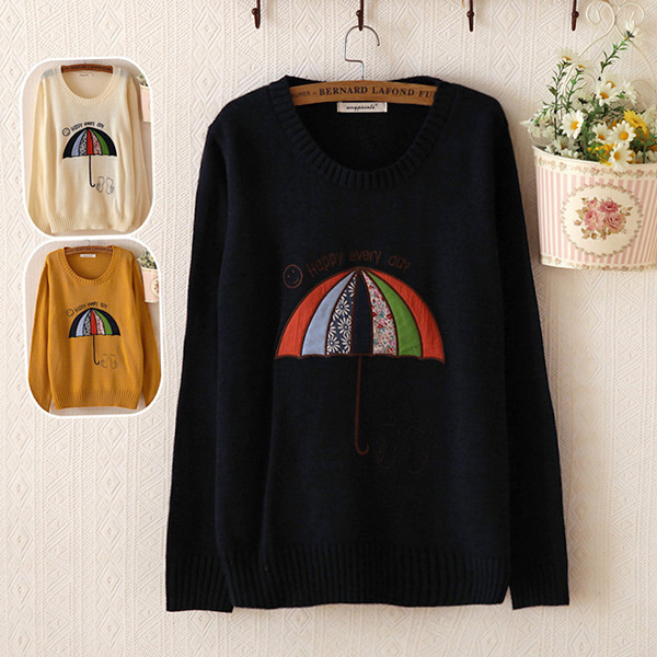 เสื้อสเวตเตอร์ เสื้อไหมพรมปักลายร่มสไตล์วินเทจ (11572LM)