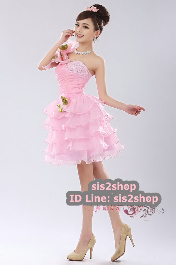 พร้อมเช่า ชุดแฟนซี ชุดราตรีสั้น กระโปรงระบาย ผ้าแก้ว แต่งดอกไม้สวยหวาน สีชมพู