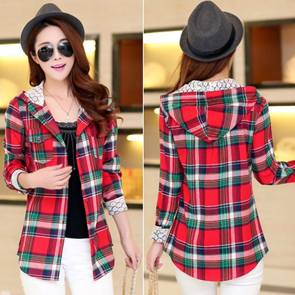 เสื้อแจ็คเก็ตเชิ้ตลายสก็อตผ้านิ่ม มีฮู้ดซับผ้าลูกไม้ (11222AL)