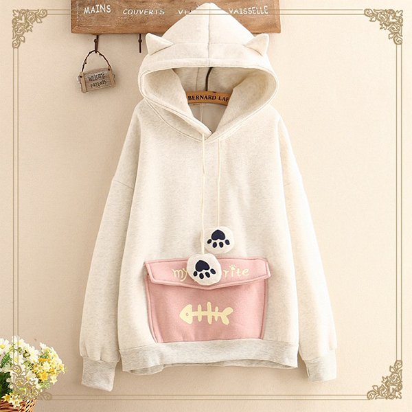 เสื้อสเวตเตอร์กันหนาว เสื้อฮู้ดแต่งหูแมวมีกระเป๋าใหญ่น่ารัก (12338LM)