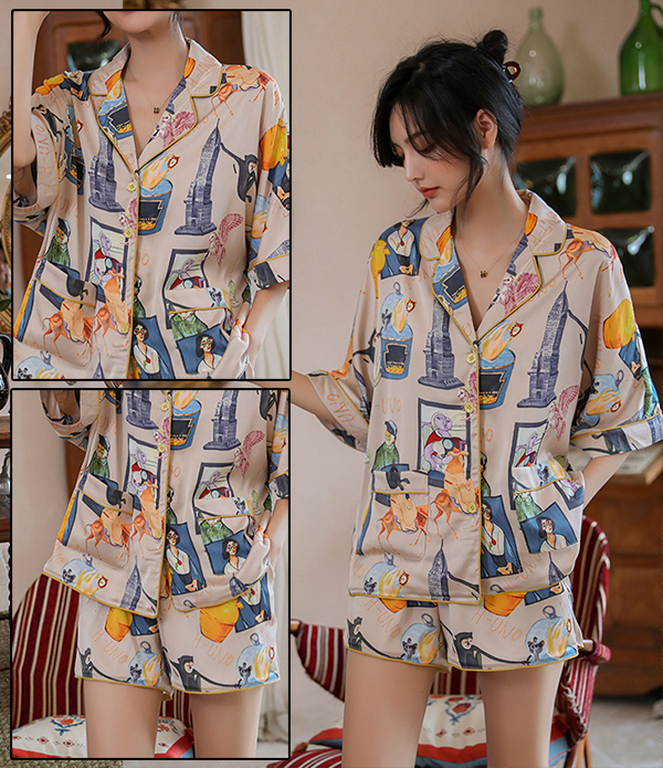 🚩พร้อมส่ง🚩ชุดนอน Silk Satin ไหมซาตินเกรดพรีเมี่ยม พิมพ์ลายสไตล์วินเทจ ผ้านุ่มลื่นละมุนผิว (ST125)
