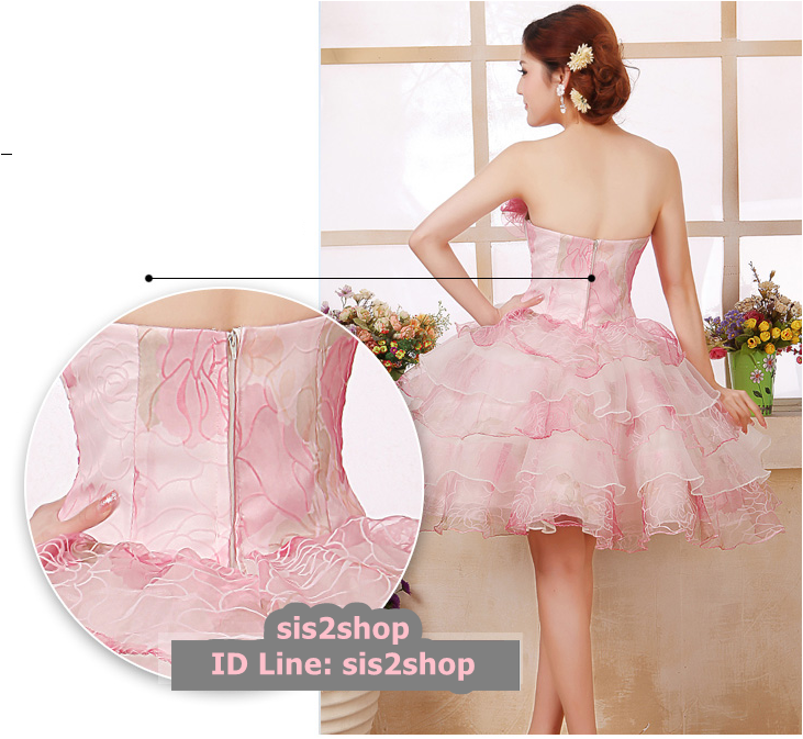 พร้อมเช่า ชุดแฟนซี ชุดราตรีสั้น เกาะอก ผ้าแก้ว แต่งดอกไม้สามมิติ สีขาว+แดง ซิปหลัง