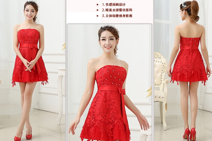 Pre-order ชุดราตรีสั้น เกาะอก สีแดง แต่งลูกไม้ ปักมุก คาดเอวด้วยโบว์ มีซิป