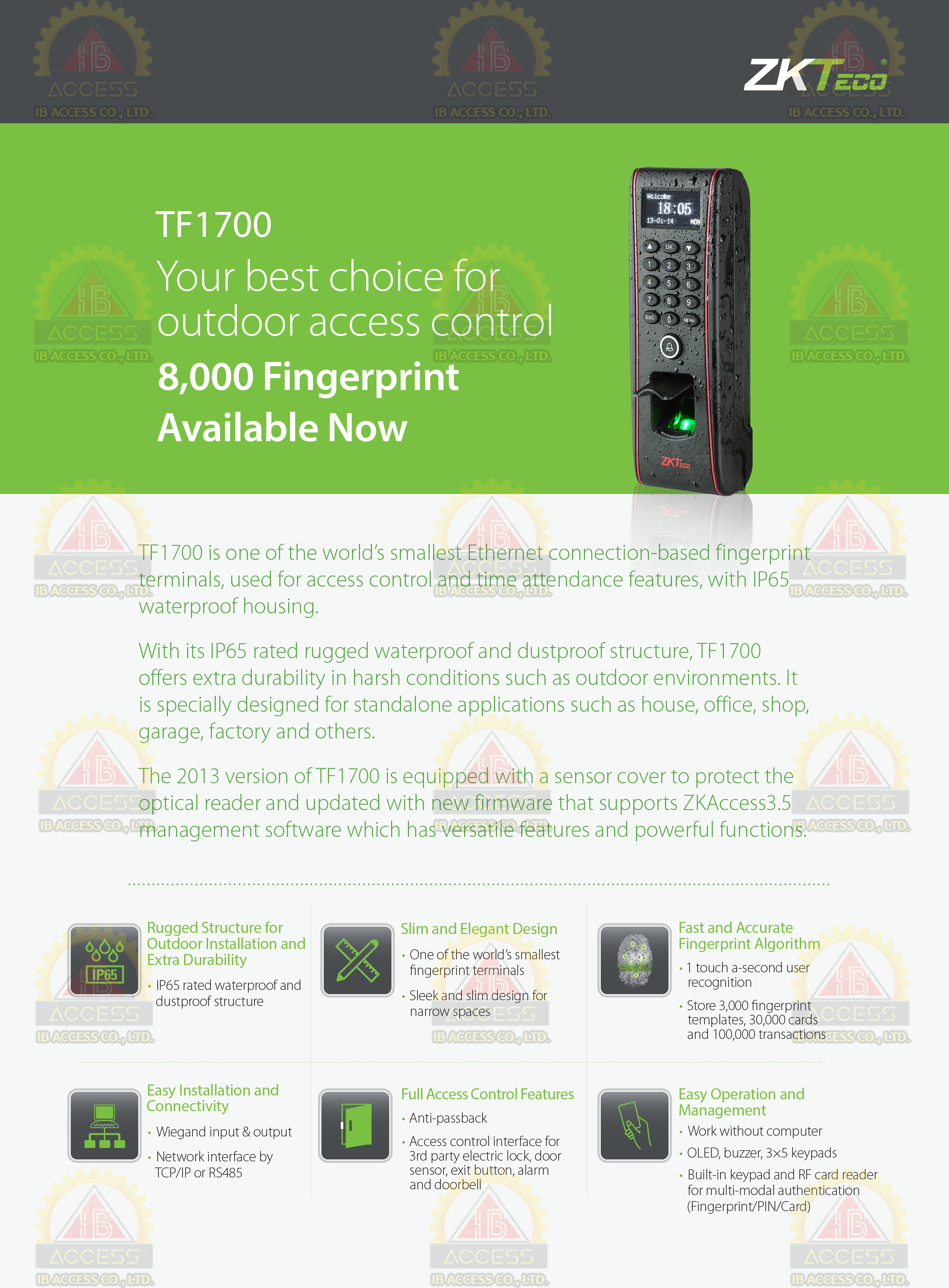 เครื่องสแกนลายนิ้วมือ ยี่ห้อ ZKTeco รุ่น TF1700 กันน้ำ รองรับระบบ Access Control