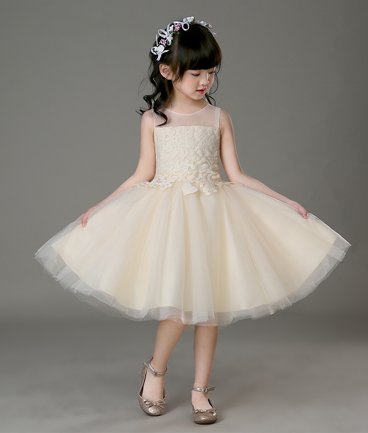 Pre-order ชุดราตรีเด็ก ชุดออกงาน ชุดกระโปรง สไตล์เจ้าหญิง แขนกุด คอกลม ผ้าลูกไม้ กระโปรงตาข่าย แต่งโบว์ด้านหลัง มีซิป