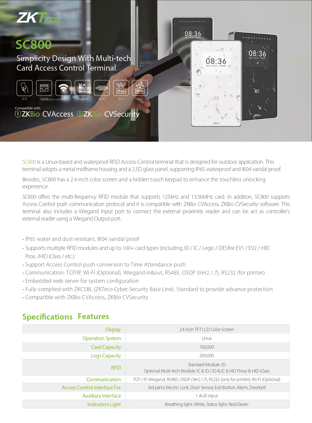 เครื่องทาบบัตร ยี่ห้อ ZKTeco รุ่น SC800 รองรับระบบ Access Control