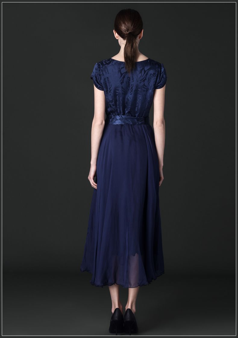 พร้อมส่ง ชุดเดรส/ชุดออกงาน/ชุดทำงาน สีกรมท่า แขนสั้น พิมพ์ลายดอก ชายกระโปรงย้วย พร้อมโบว์คาดเอว (ซิปข้างลำตัว) ** เหลือเฉพาะไซส์ XL , 4XL **