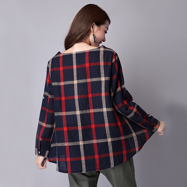 เสื้อแฟชั่นวินเทจ แขนยาวมีสแนป ผ้าทอนิ่มลายตาราง (11491M)