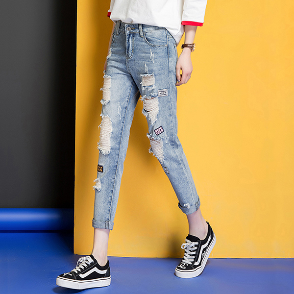 กางเกงยีนส์ขายาวแปดส่วน แต่งปะขาดแนวเซอร์ (11791X)