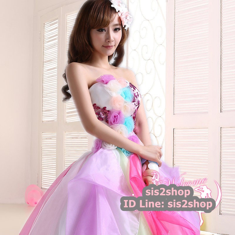 พร้อมเช่า ชุดแฟนซี ชุดราตรียาว เกาะอก แต่งอกช่วงบน กระโปรงเป็นชั้น ๆ พองสวย
