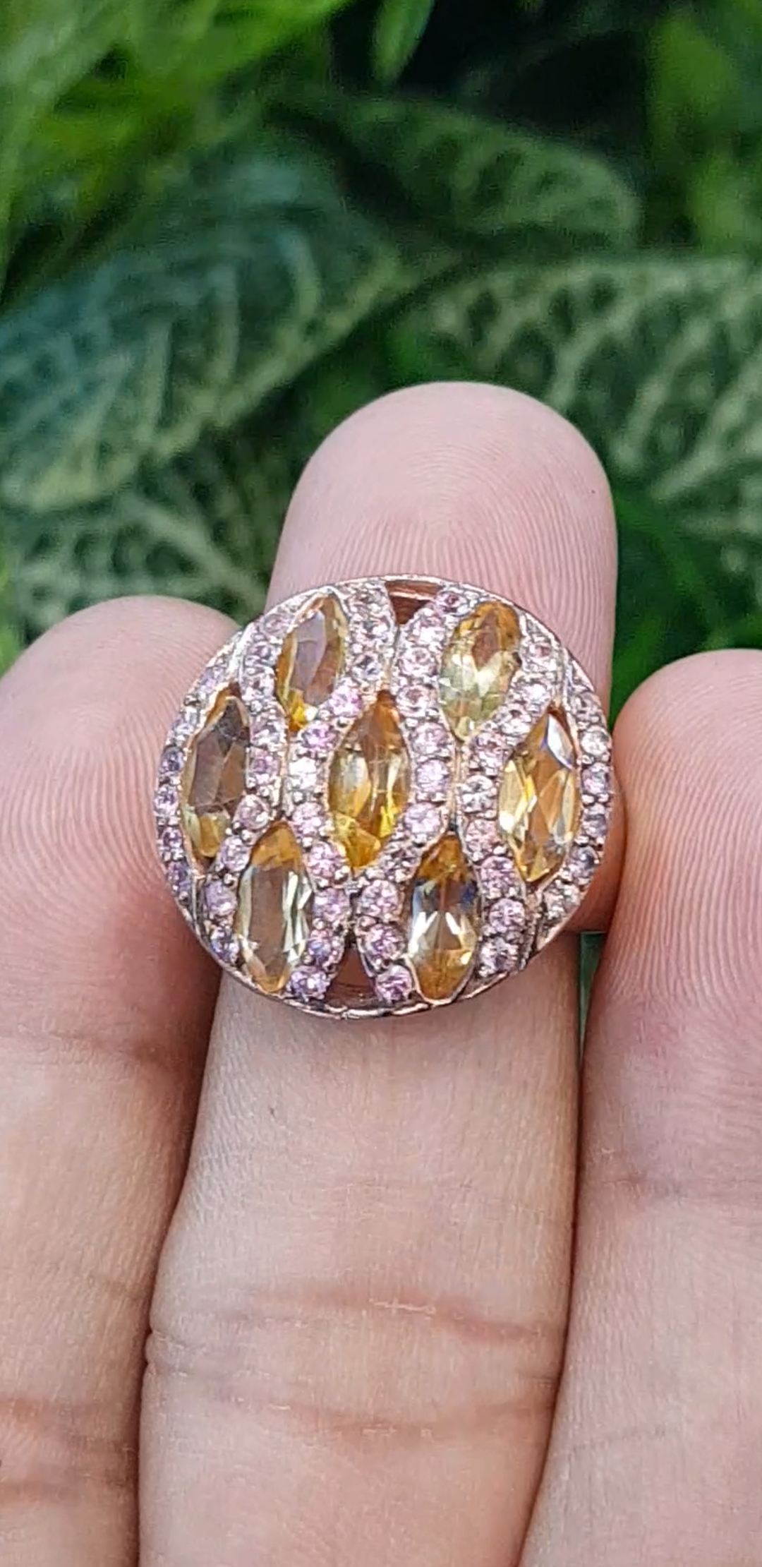 แหวน พลอยซิทรีน Citrine Silver Ring (Size) 55 ตัวเรือนเงิน ชุบทอง ประดับด้วยพิ้งแซฟไฟร์ เพชร CZ คัดคุณภาพ