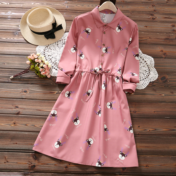 เดรสแฟชั่นญี่ปุ่น แขนยาว ผ้าทอนิ่มลายกวาง (12322LM)