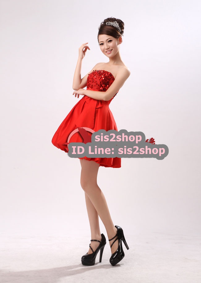 พร้อมส่ง ชุดราตรีสั้น เกาะอก ทรงบอลลูนสีแดง ปักเลื่อมช่วงอก แต่งโบว์ที่เอว