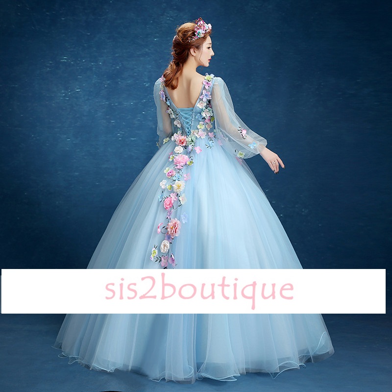 Pro-order ชุดราตรี ชุดแฟนซียาว แขนยาว คอวี ผ้าแก้ว แต่งดอกไม้แฮนด์เมด สไตล์เจ้าหญิง กระโปรงพองสวย เชือกผูกหลัง สวยหรู