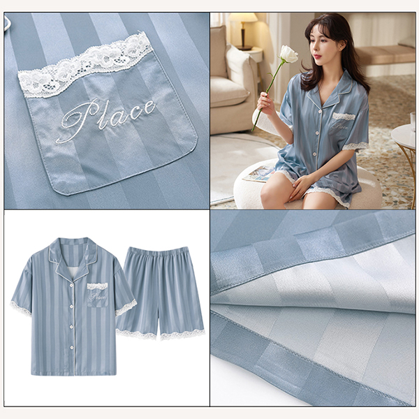 🚩พร้อมส่ง🚩ชุดนอน Silk Satin แขนสั้นขาสั้น ชุดนอนซาตินเกรดพรีเมี่ยม ผ้านุ่มลื่นละมุนผิว แต่งปักลูกไม้ (CT116-3)