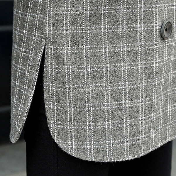 เสื้อโค้ทกันหนาวตัวยาว ผ้าวูลทอลายตาราง แต่งกระดุมคู่ (11857X)