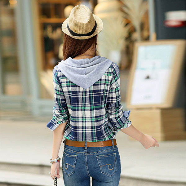 เสื้อแจ็คเก็ตแขนยาว มีฮู้ด ผ้าทอนิ่มลายสก็อต (10916AL)