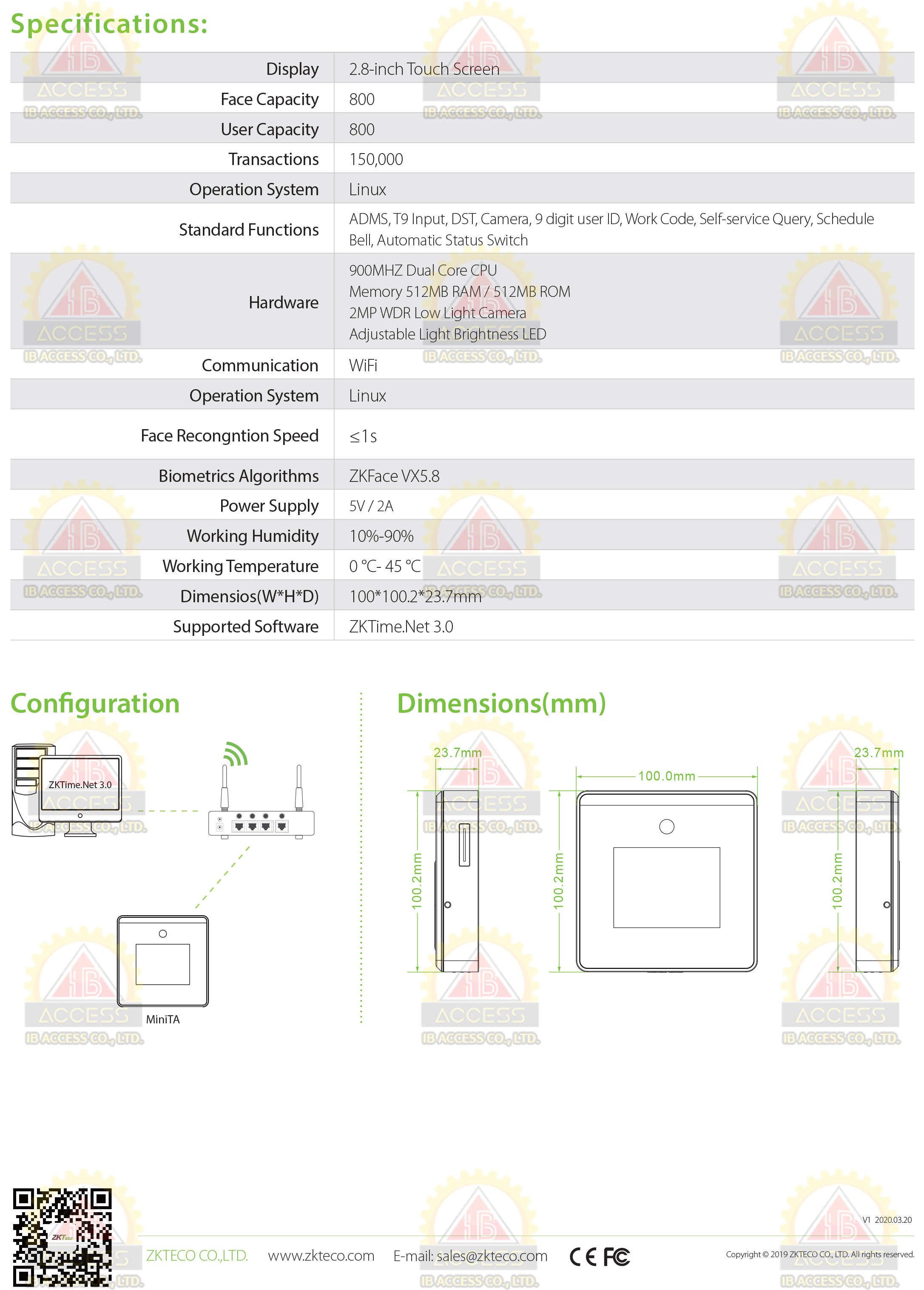 เครื่องสแกนใบหน้า ยี่ห้อ ZKTeco รุ่น MiniTA