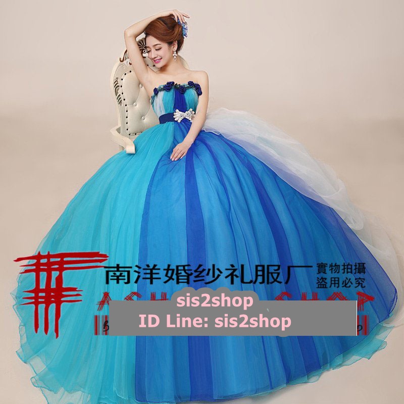 พร้อมเช่า ชุดแฟนซี ชุดราตรียาว สีฟ้า แบบเกาะอก แต่งดอกช่วงอก พร้อมเข็มขัด น่ารักมาก