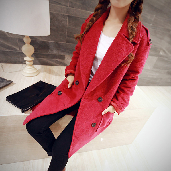 เสื้อโค้ทกันหนาวตัวยาว ผ้าวูลเนื้อหนาแต่งกระดุมคู่ (11730CV)