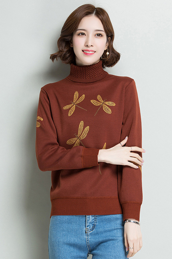 เสื้อคอเต่า เสื้อไหมพรมบุขนแคชเมียร์กันหนาว ปักลายผีเสื้อ (12380B)